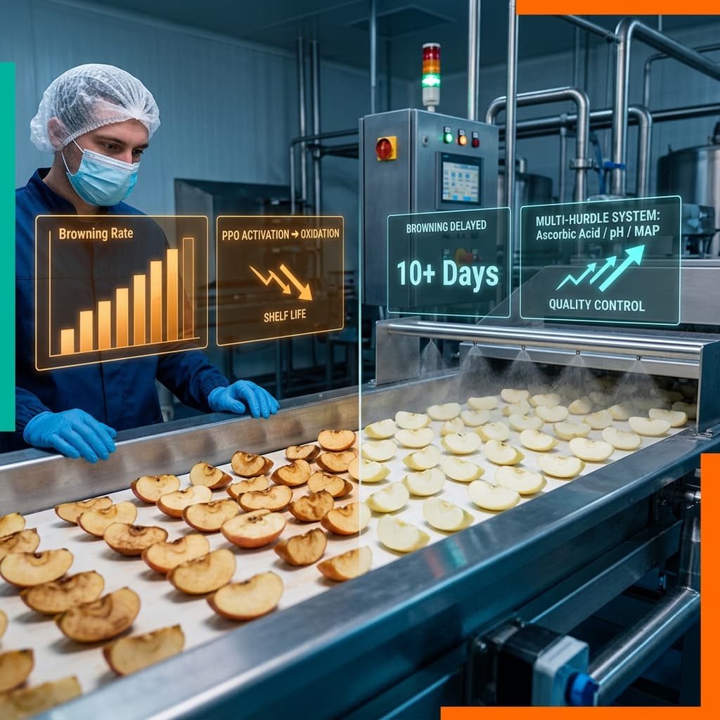 Food processing worker inspecting fresh-cut apple slices on a conveyor belt with digital overlays showing browning rate data and multi-hurdle treatment system results