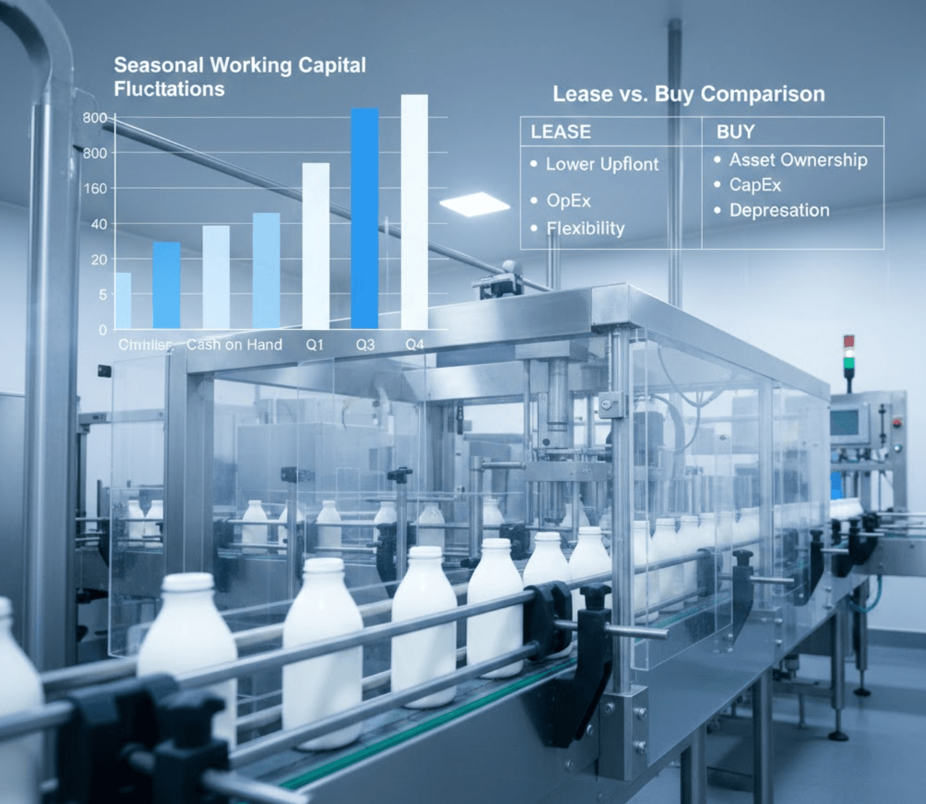 Dairy bottling production line with overlay showing seasonal working capital fluctuations chart and lease versus buy comparison matrix