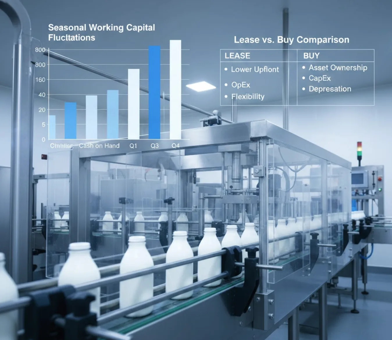 Dairy bottling production line with overlay showing seasonal working capital fluctuations chart and lease versus buy comparison matrix