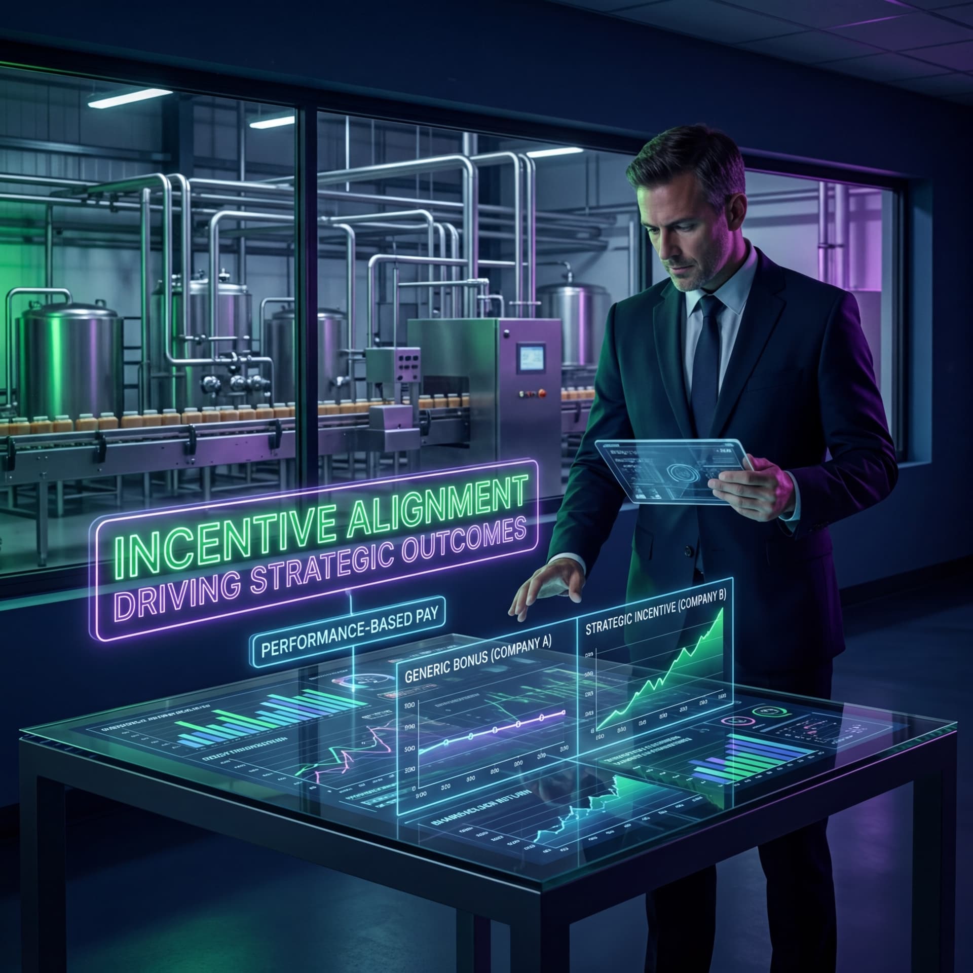 Executive reviewing incentive alignment and performance-based pay dashboards in food manufacturing facility