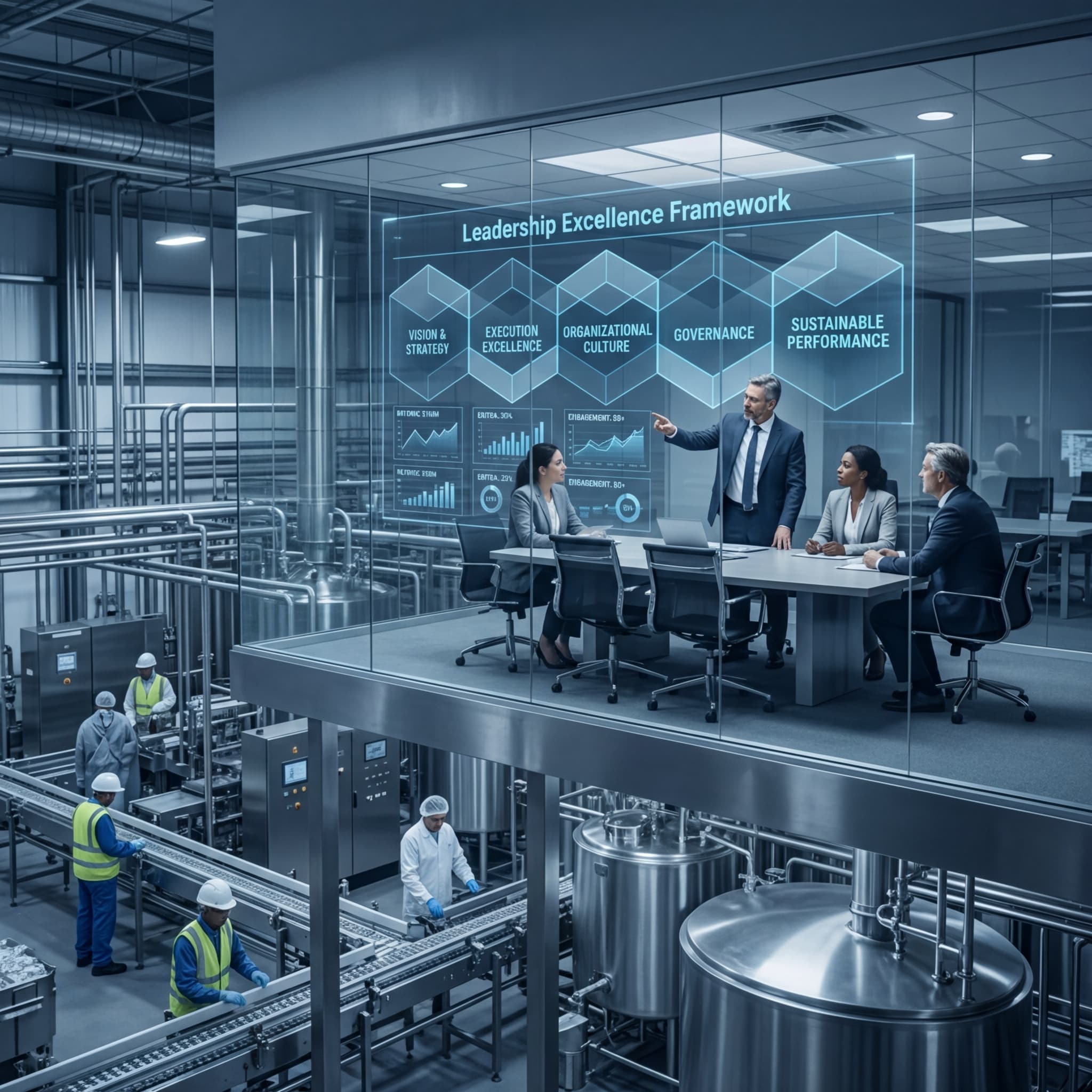 Executive presenting leadership excellence framework to team above food manufacturing production floor