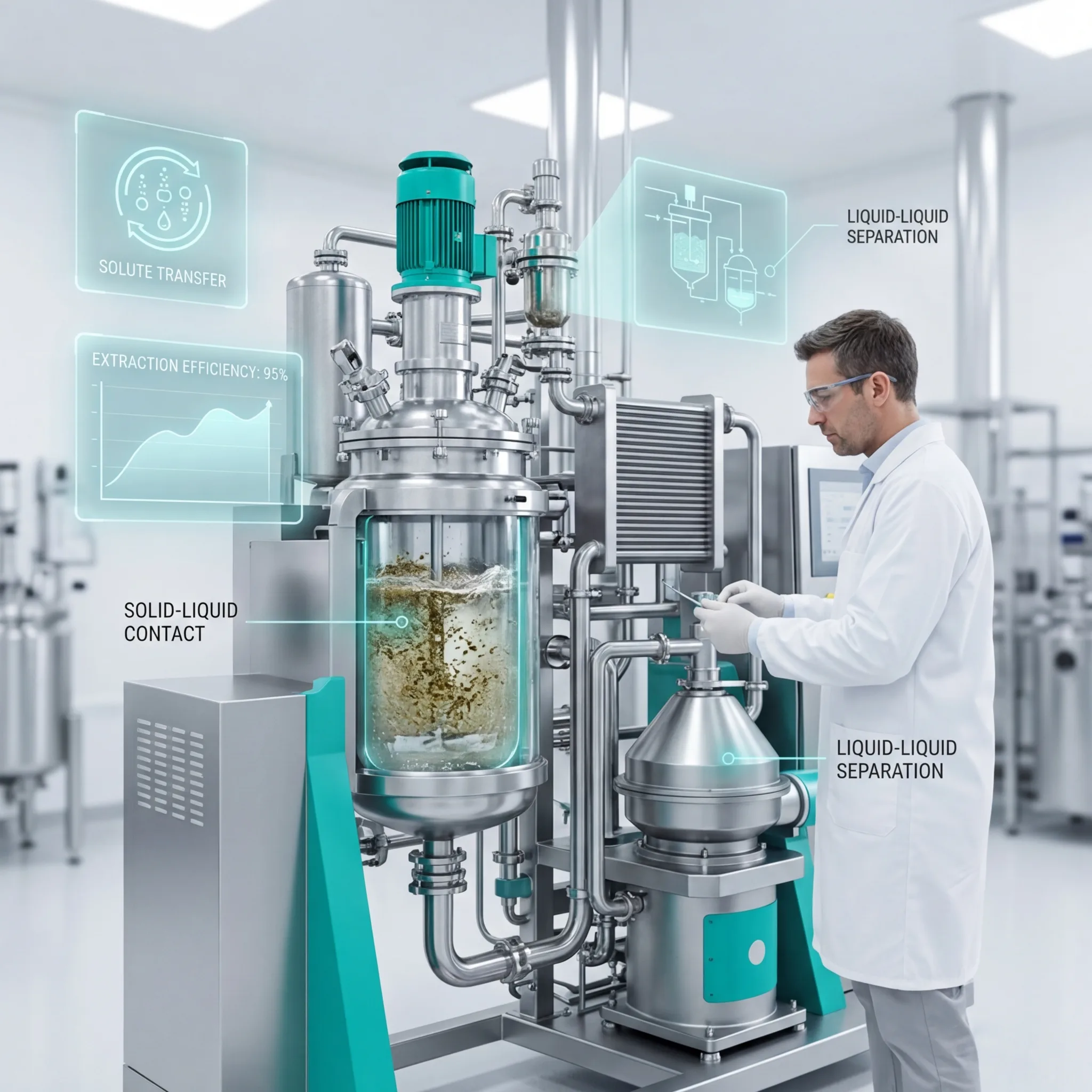Scientist in white lab coat operating a stainless steel extraction vessel with holographic displays showing solute transfer, extraction efficiency, and liquid-liquid separation data