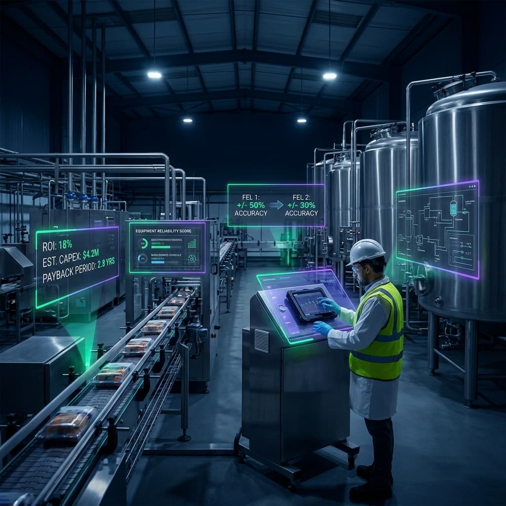 Engineer reviewing digital project plans and analytics in a food manufacturing facility with stainless steel tanks