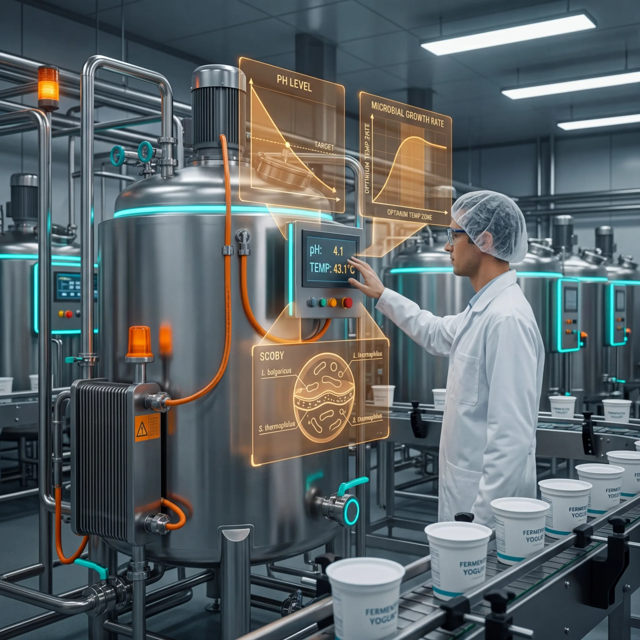 Technician monitoring a stainless steel fermentation vessel with digital displays showing pH and temperature curves alongside yogurt containers on a production line