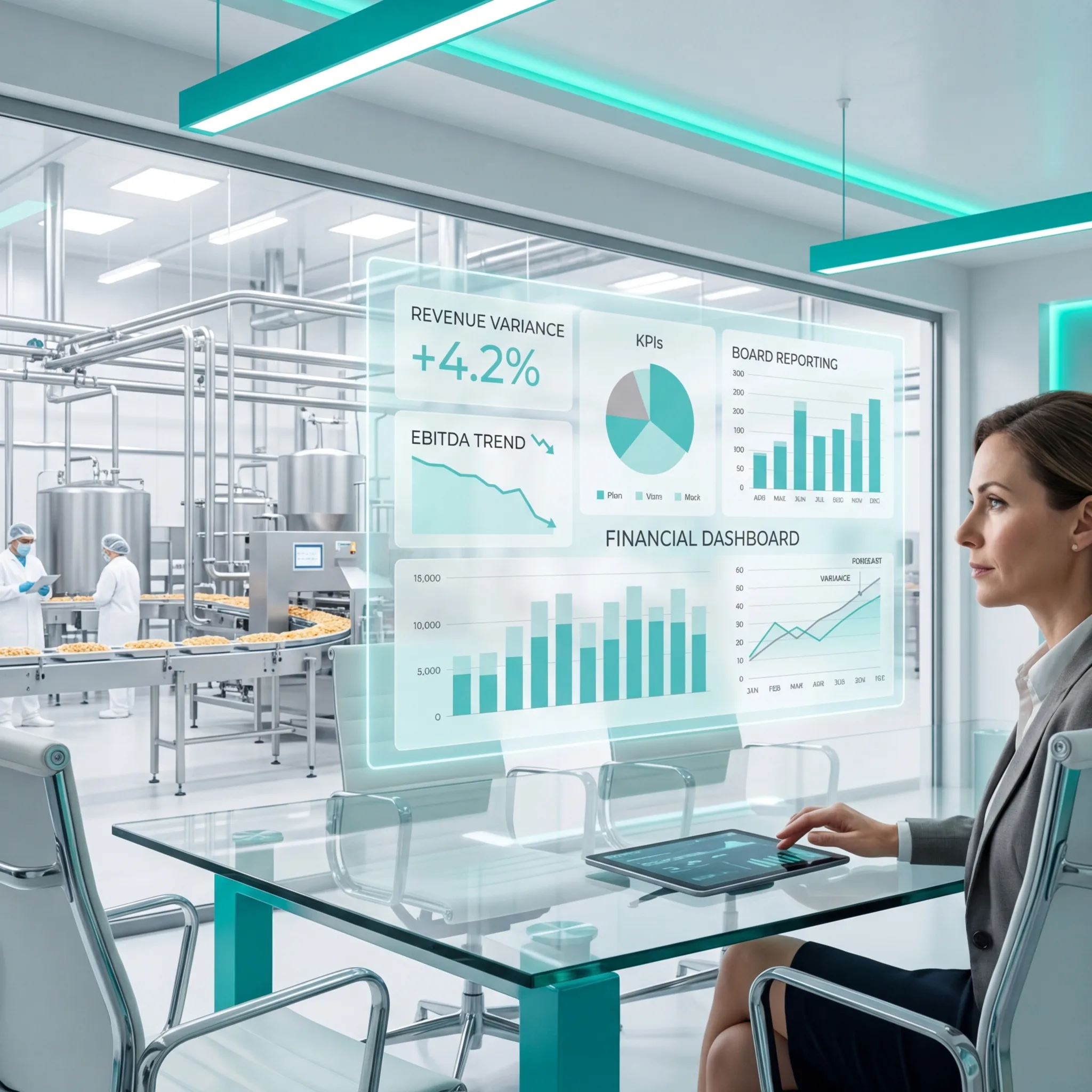 CFO reviewing financial dashboard with revenue variance, EBITDA trend, and KPI displays overlooking a food production facility