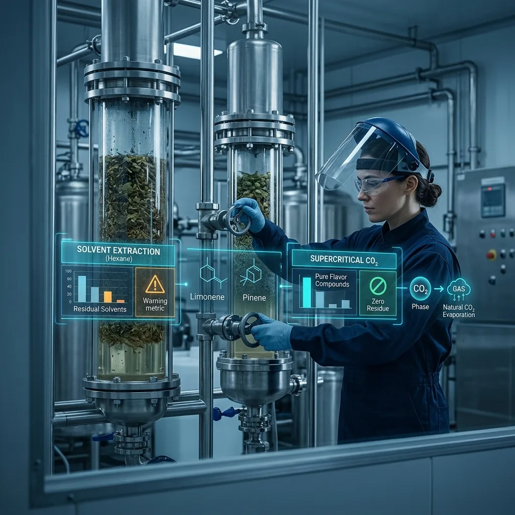 Flavor extraction technician comparing solvent and supercritical CO2 extraction vessels with purity and residue monitoring displays in a processing facility