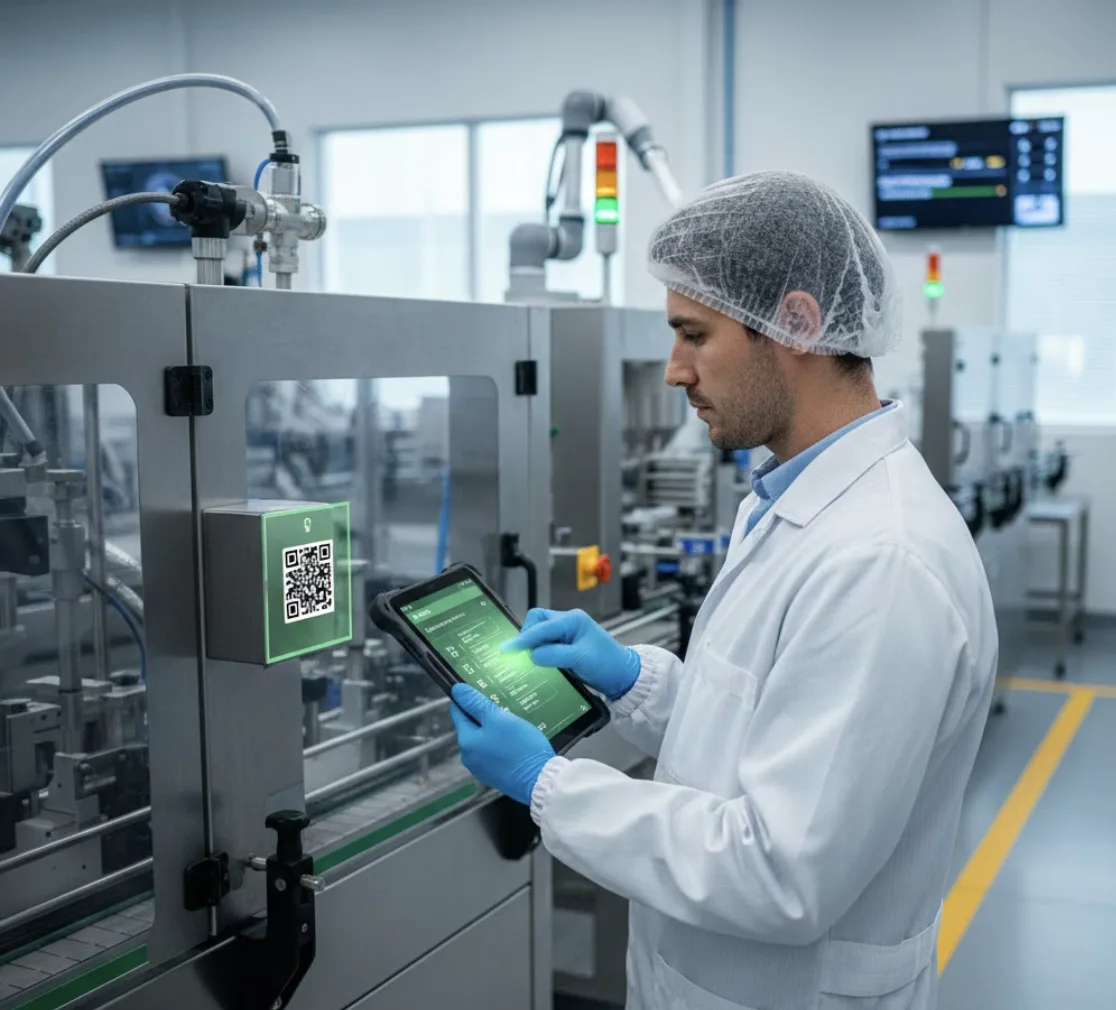 Quality control technician in food processing facility using tablet to document safety and compliance protocols