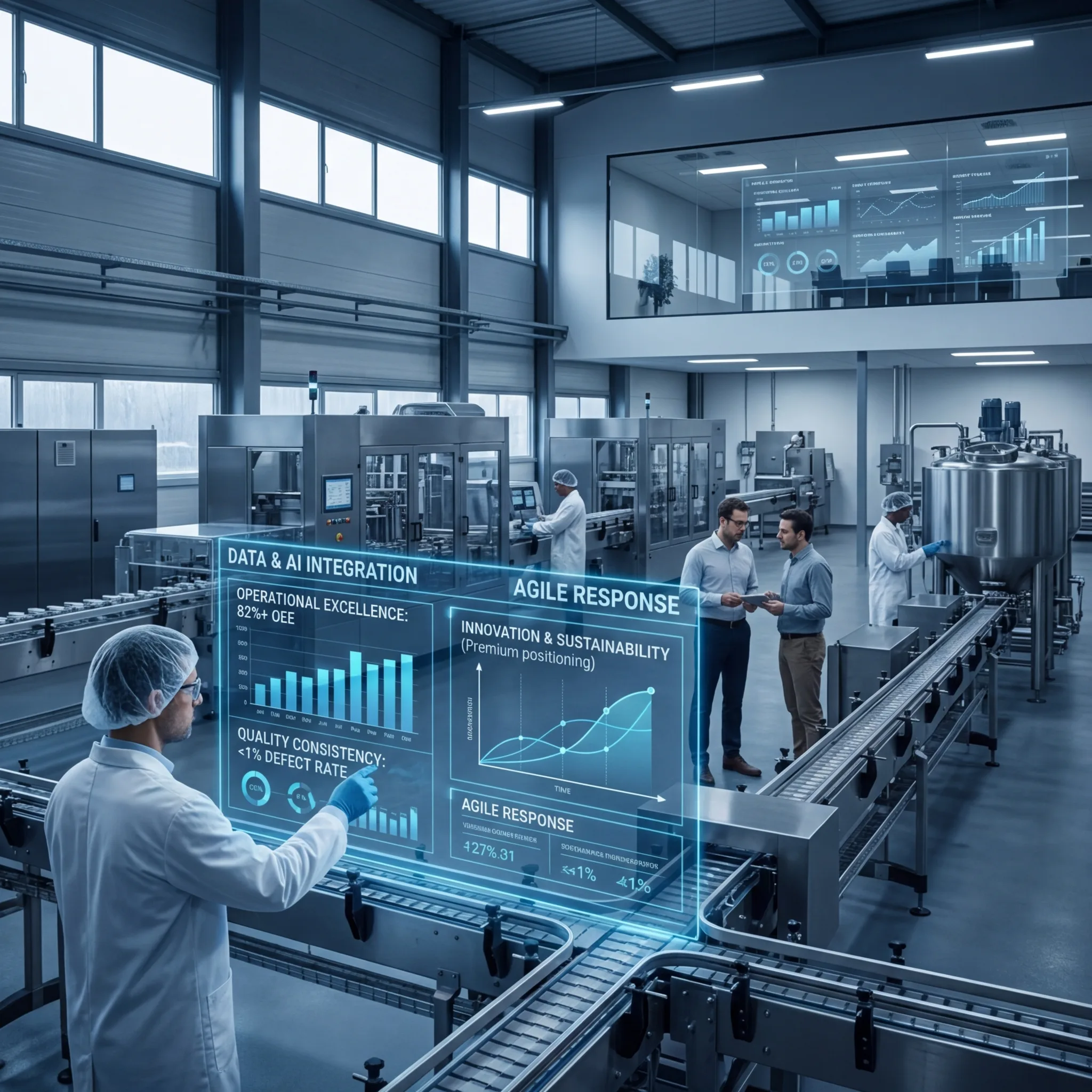 Food manufacturing facility with workers reviewing holographic data displays showing operational excellence metrics, AI integration, and agile response analytics