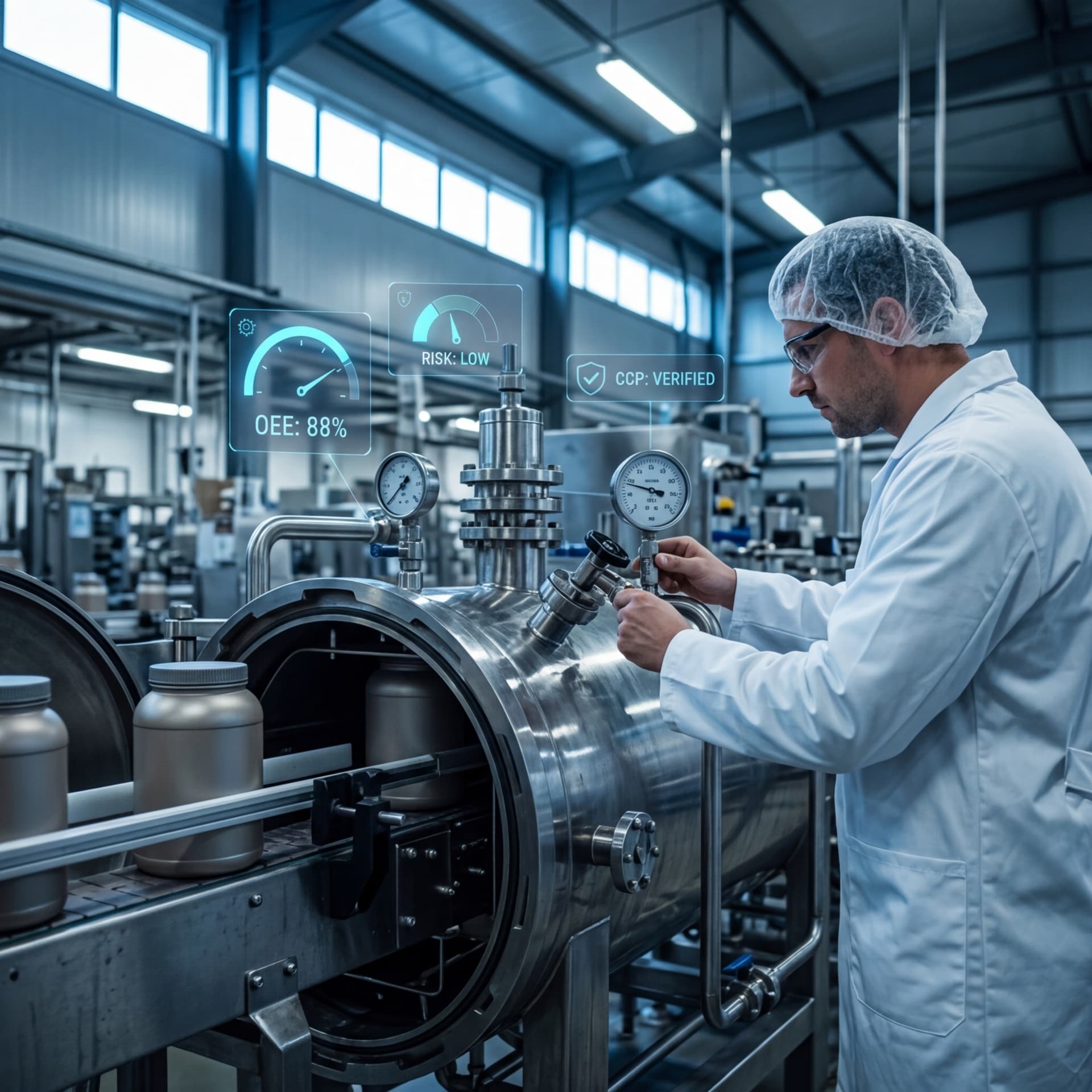 Food safety technician inspecting pressure vessel equipment with digital CCP verification displays
