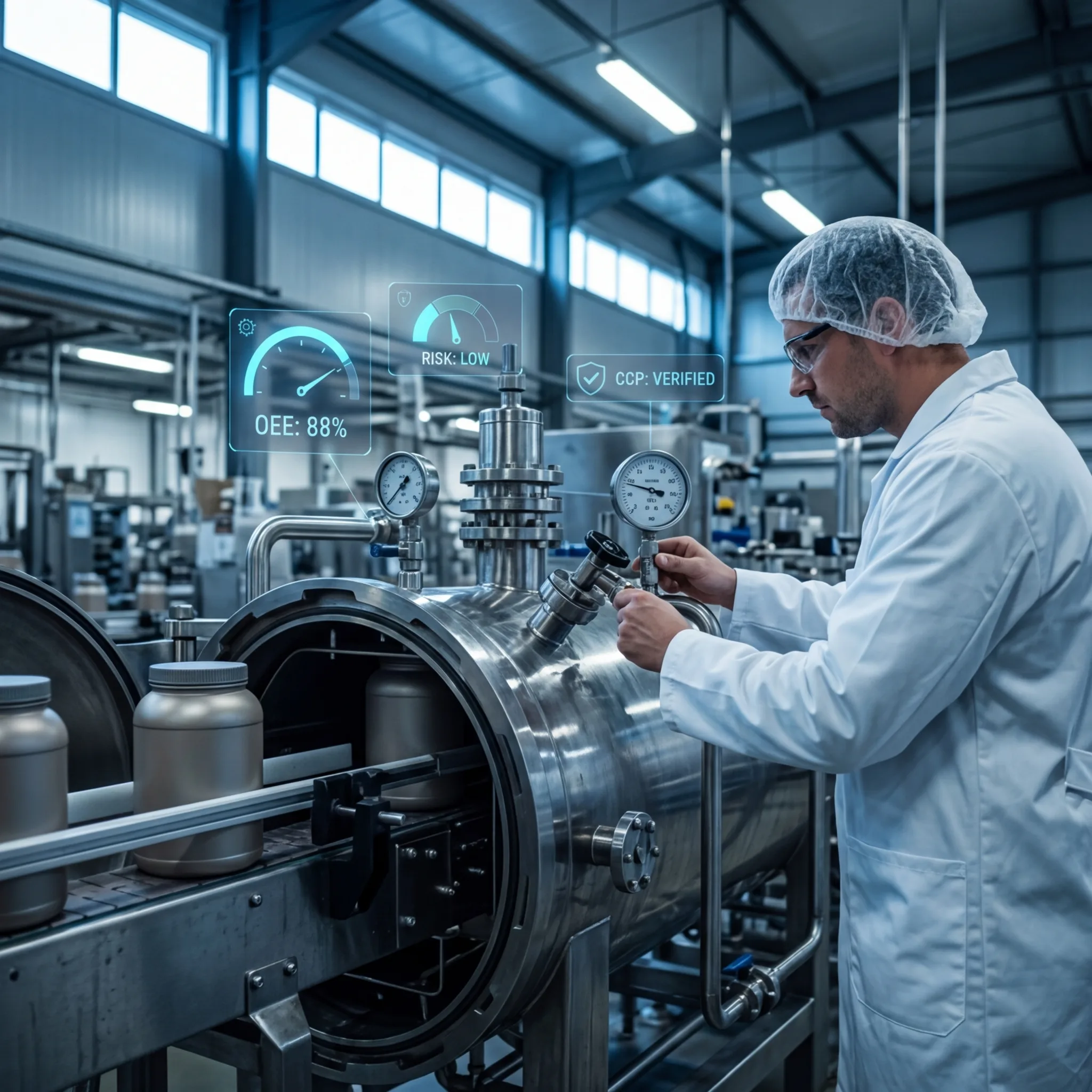 Food safety technician inspecting pressure vessel equipment with digital CCP verification displays