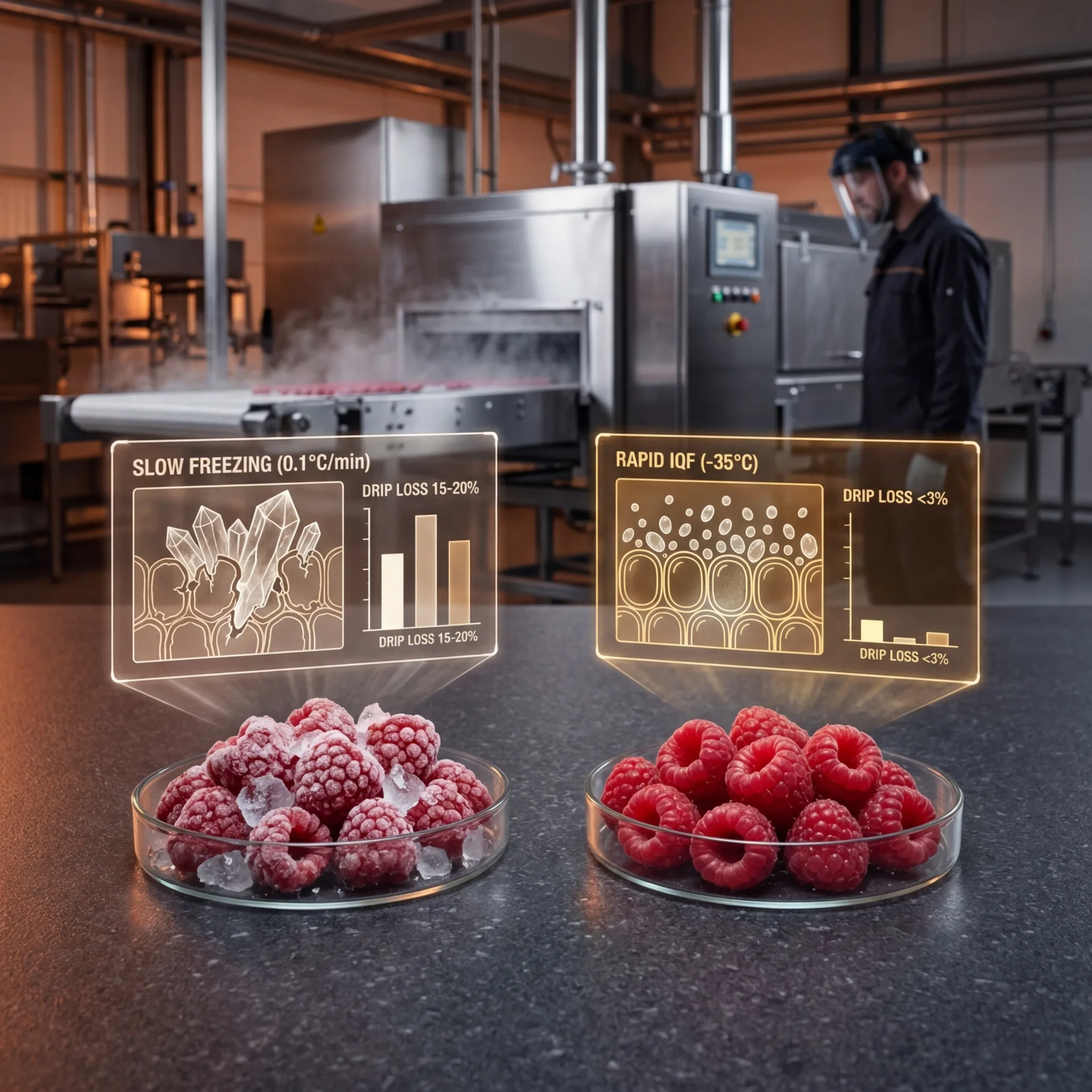 Side-by-side comparison of slow-frozen and rapid IQF-frozen berries on petri dishes with digital overlays showing ice crystal size and drip loss data in a food processing facility