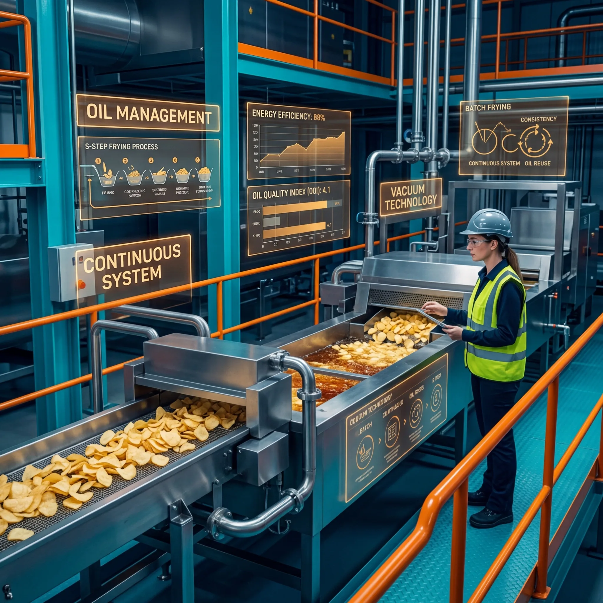 Worker in safety vest monitoring a continuous industrial frying line with chips moving through hot oil and holographic displays showing oil management, energy efficiency, and vacuum technology data