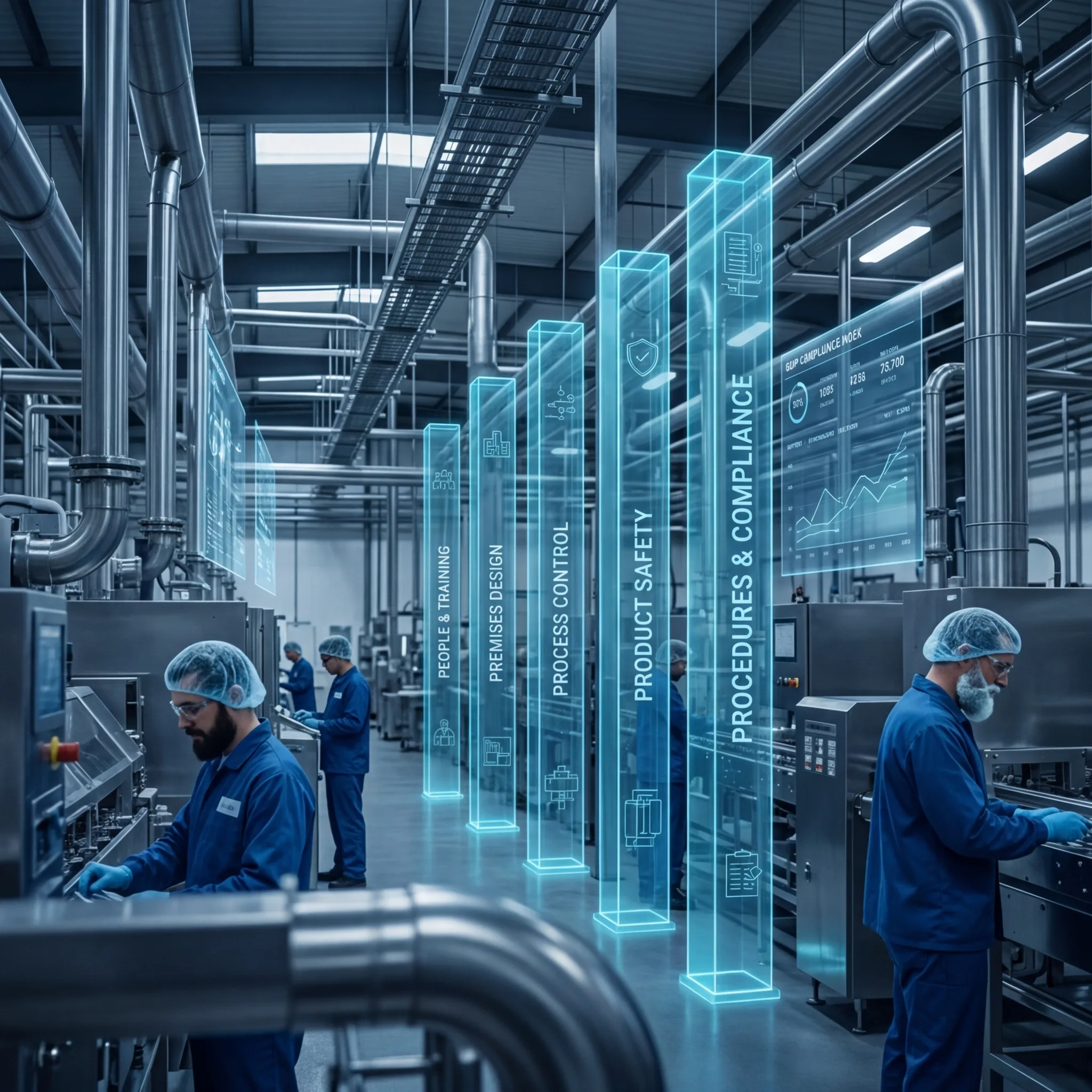 Food manufacturing workers alongside holographic GMP pillars for process control, safety, and compliance