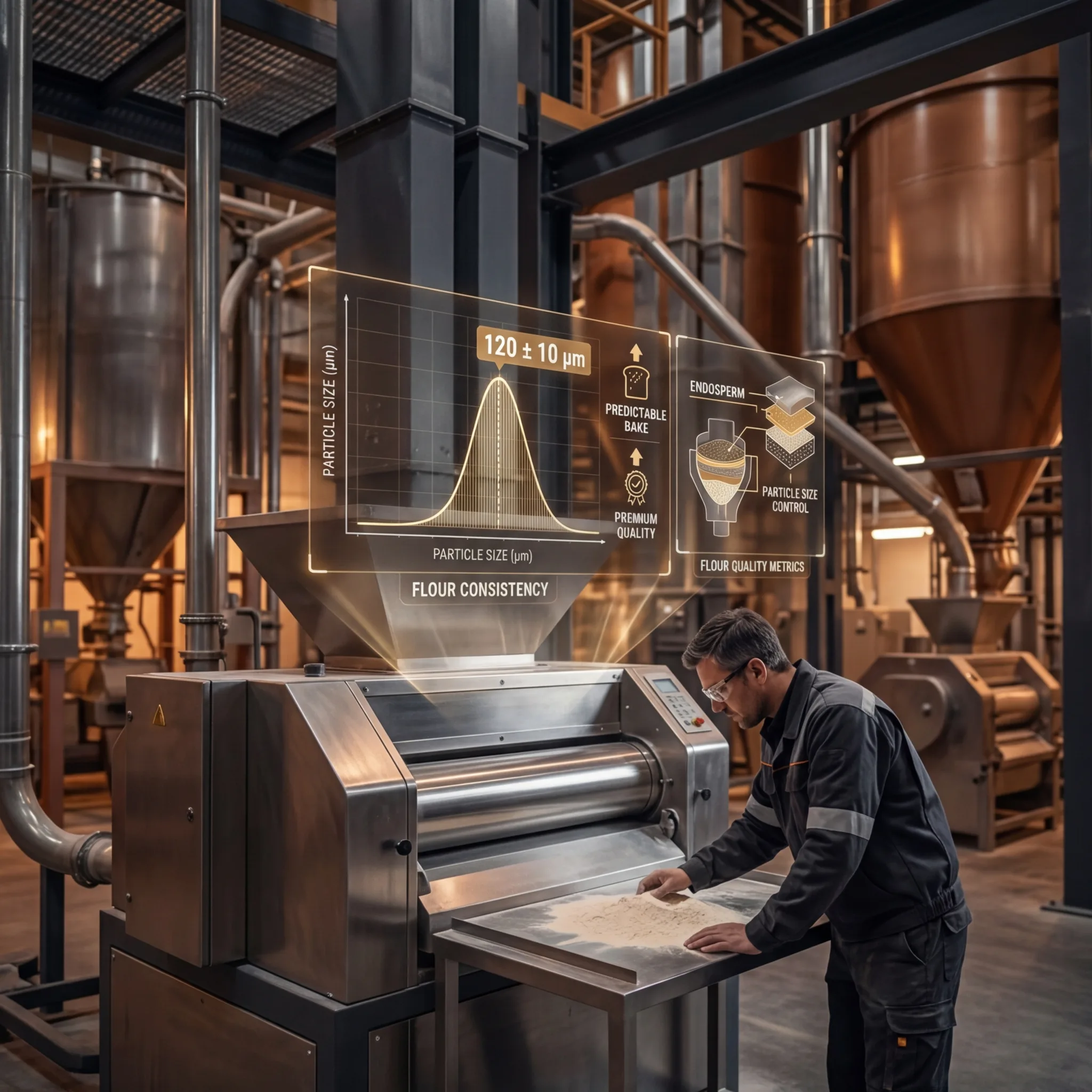 Grain mill operator reviewing particle size distribution data on a roller mill with flour consistency metrics and quality control displays