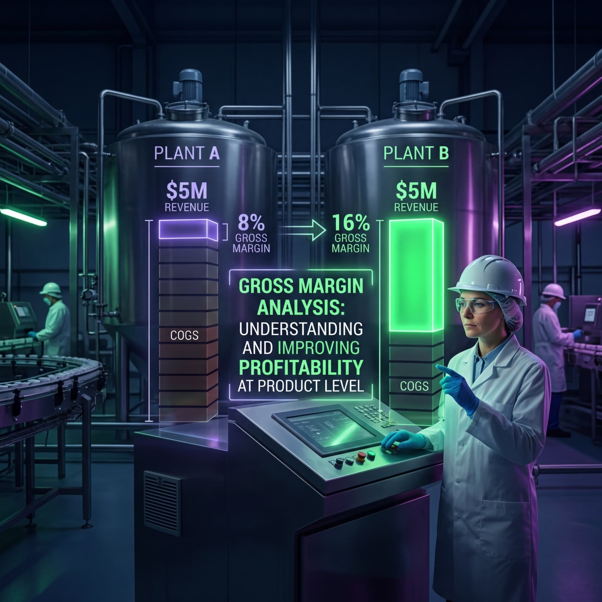 Engineer comparing Plant A and Plant B gross margin performance displays alongside food processing equipment