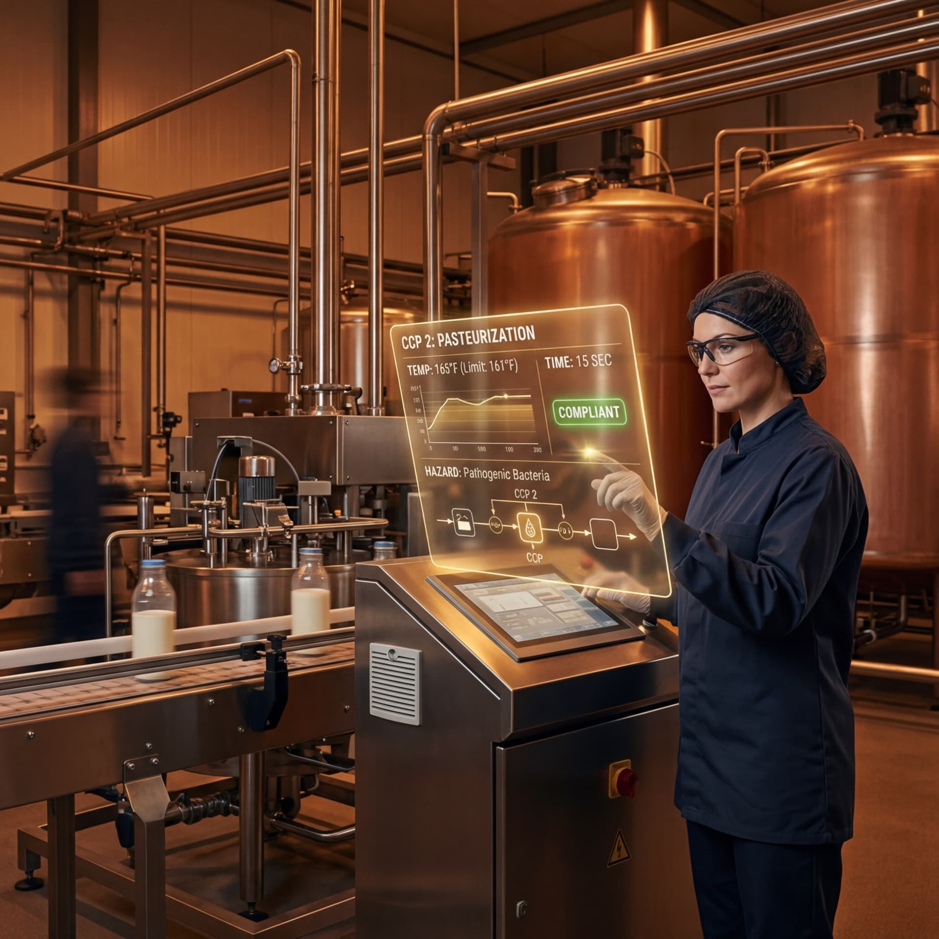 Quality technician monitoring pasteurization critical control point with compliant temperature readings at dairy plant