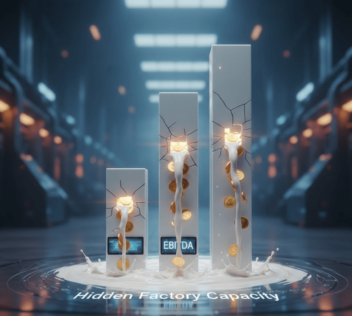 Conceptual visualization of hidden factory capacity showing cracked EBITDA bars with coins leaking out, representing hidden costs in manufacturing