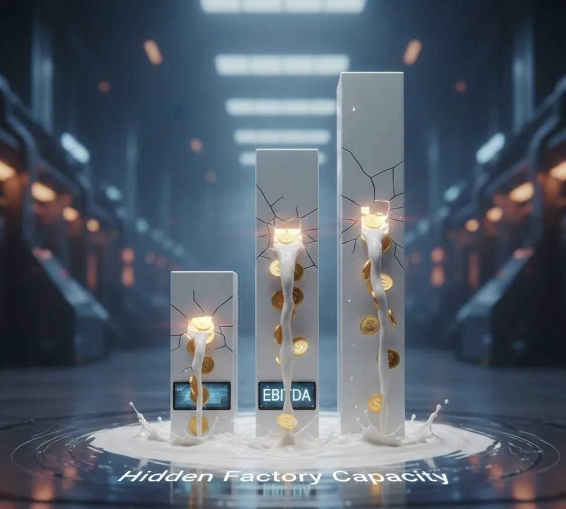 Conceptual visualization of hidden factory capacity showing cracked EBITDA bars with coins leaking out, representing hidden costs in manufacturing
