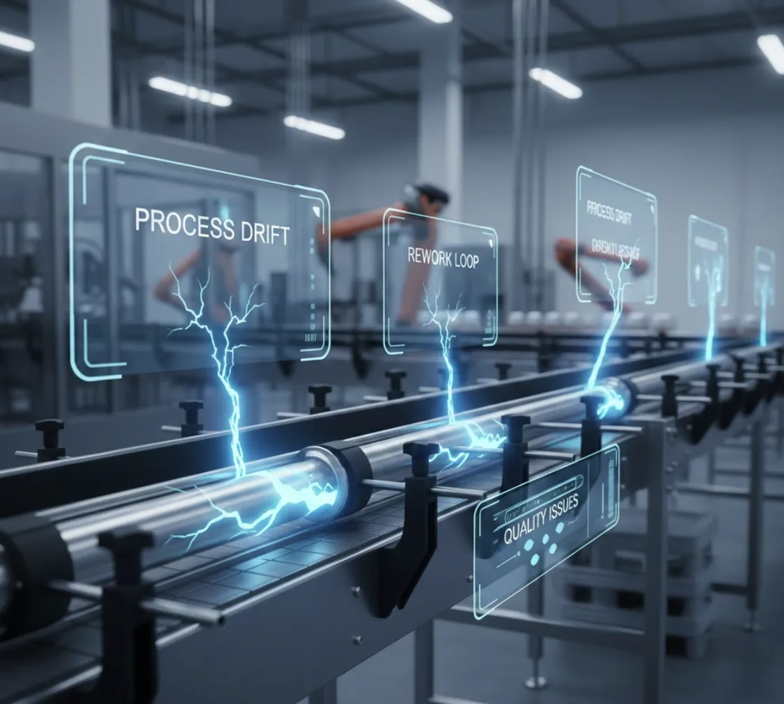 Manufacturing production line with digital overlays highlighting quality issues including process drift, rework loops, and inspection points