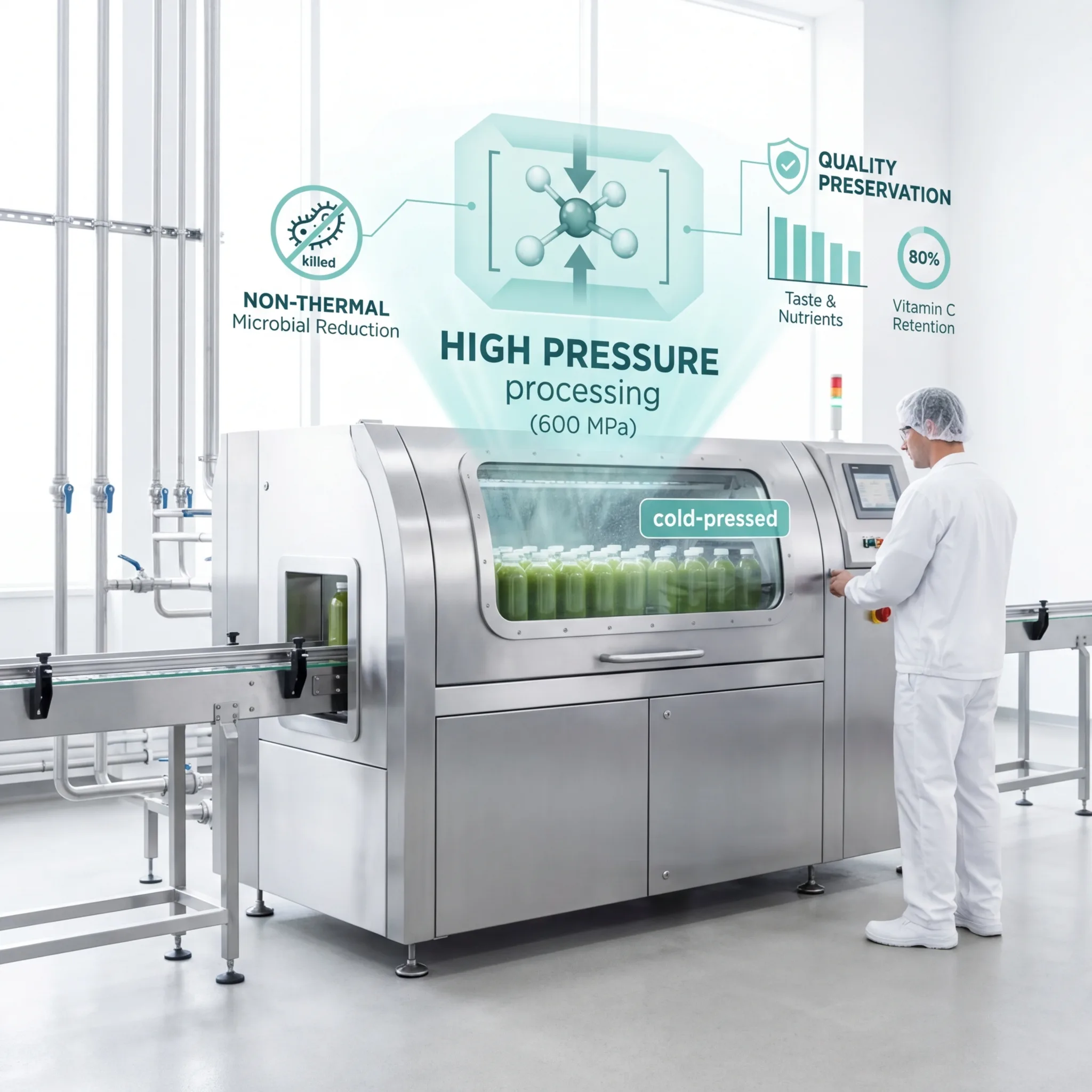 Operator monitoring a high pressure processing machine with cold-pressed juice bottles visible inside the pressure vessel and holographic displays showing non-thermal microbial reduction and quality preservation data