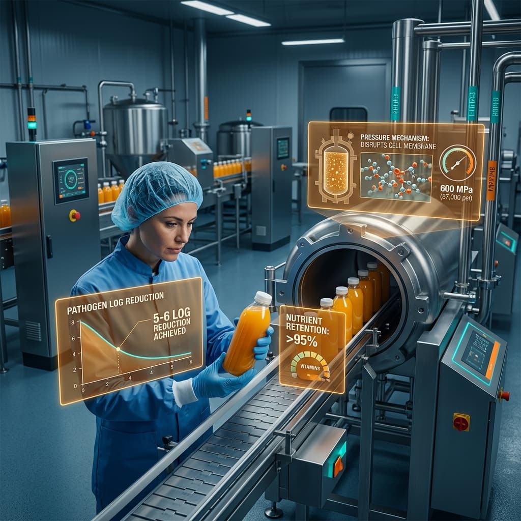 Food safety technician inspecting bottled juice next to an industrial high-pressure processing chamber with digital displays showing pathogen log reduction and pressure cycle data