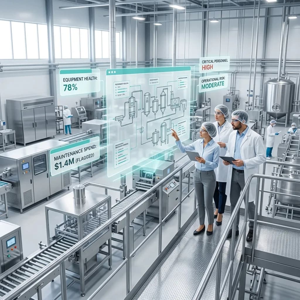 Three professionals reviewing equipment health and maintenance risk displays during a due diligence site visit