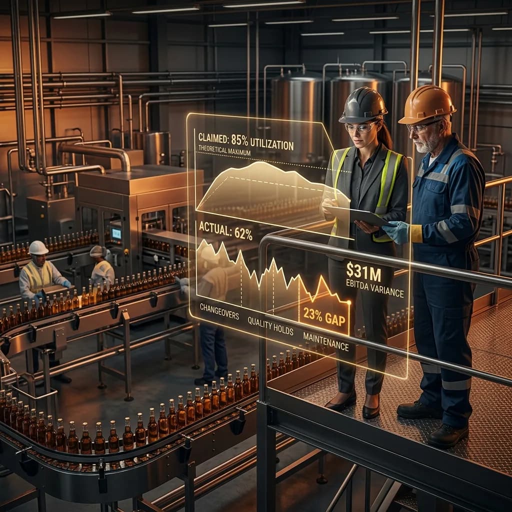 Two engineers reviewing capacity utilization data on a transparent digital display inside a beverage manufacturing plant with bottling lines