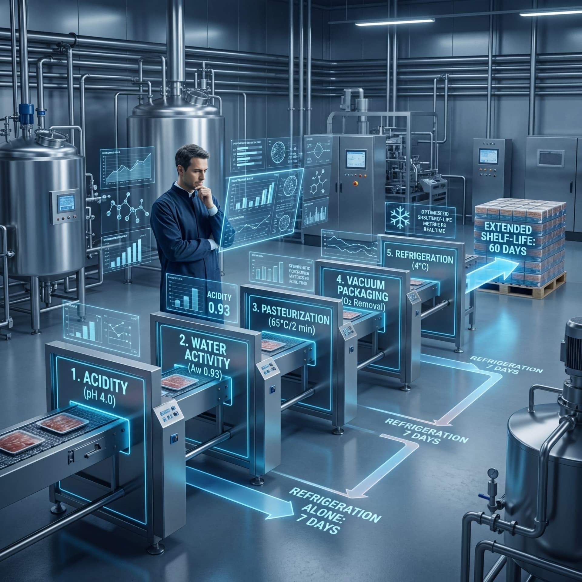 Food scientist evaluating a multi-factor preservation production line with labeled hurdle stations for acidity, water activity, pasteurization, vacuum packaging, and refrigeration with shelf-life extension data displays