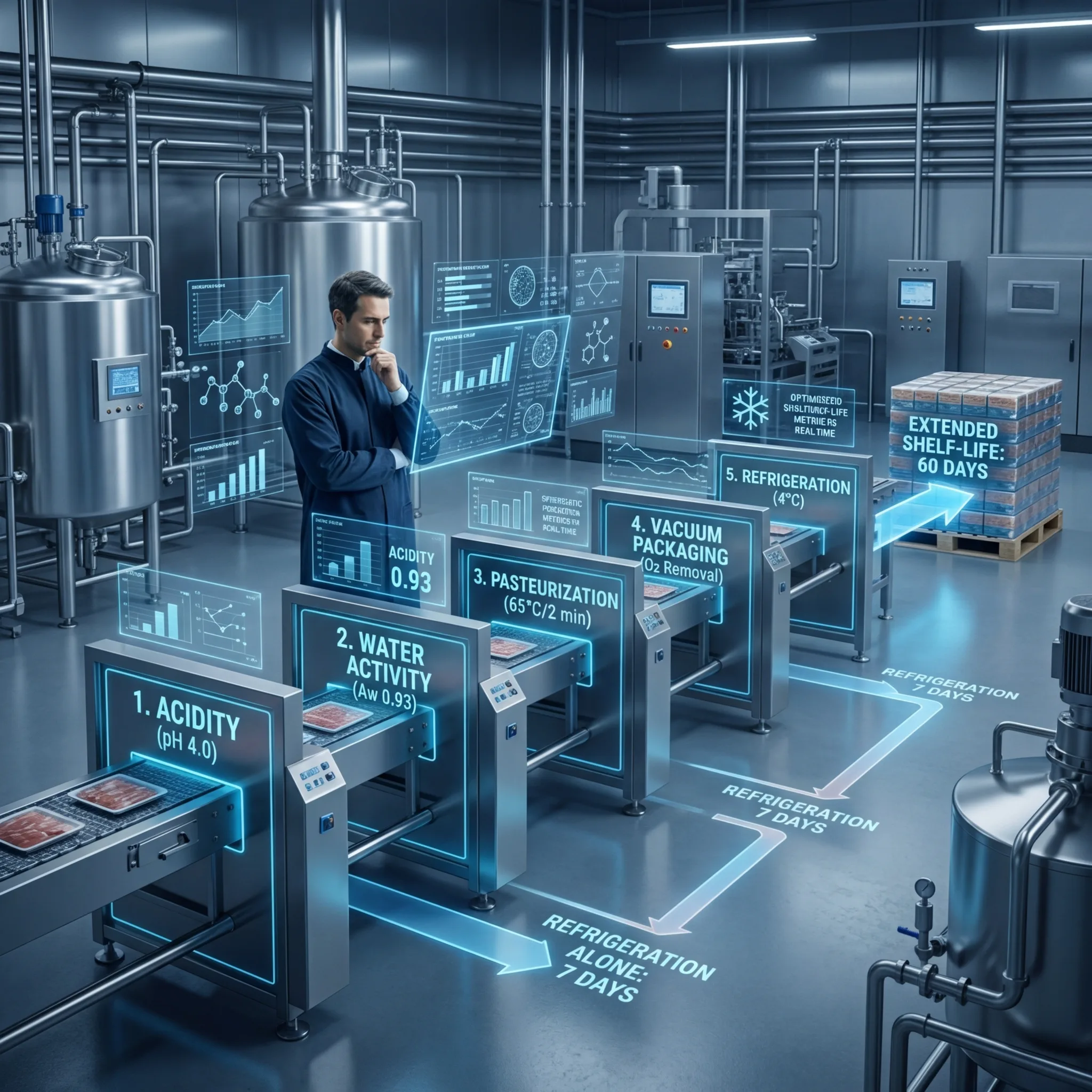 Food scientist evaluating a multi-factor preservation production line with labeled hurdle stations for acidity, water activity, pasteurization, vacuum packaging, and refrigeration with shelf-life extension data displays