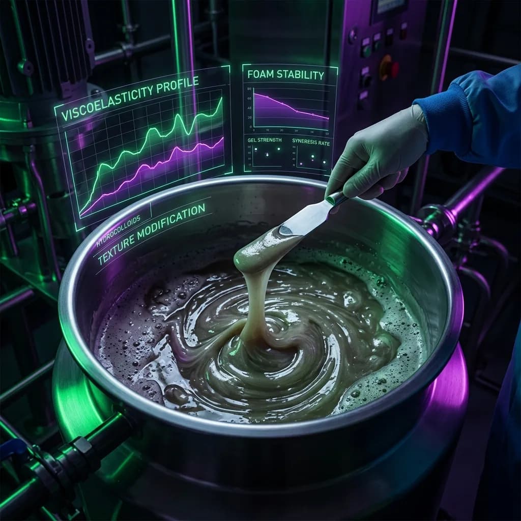 Close-up of a gloved hand stirring a viscous hydrocolloid mixture in a stainless steel bowl with digital overlays showing viscoelasticity and foam stability data