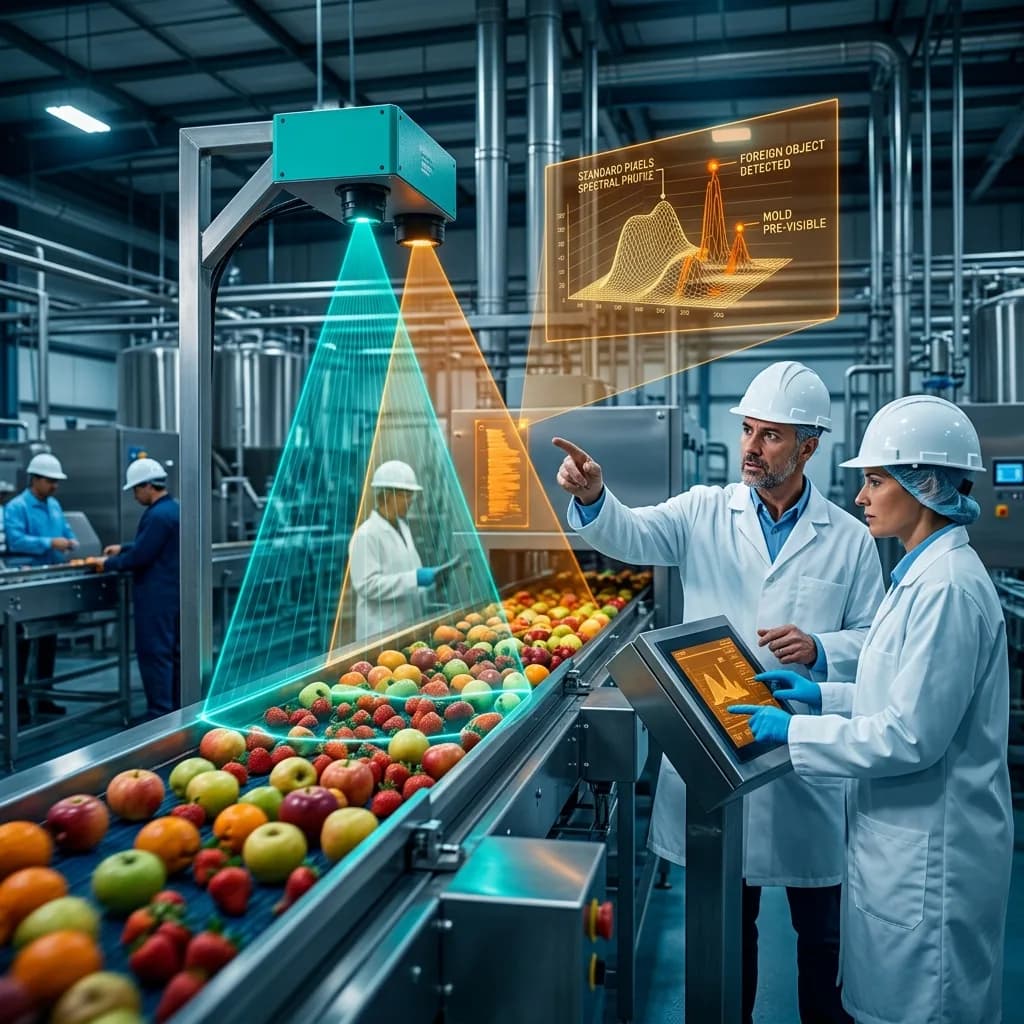Quality engineers examining a hyperspectral imaging system scanning fruit on a conveyor belt with spectral analysis overlays and wavelength data displays