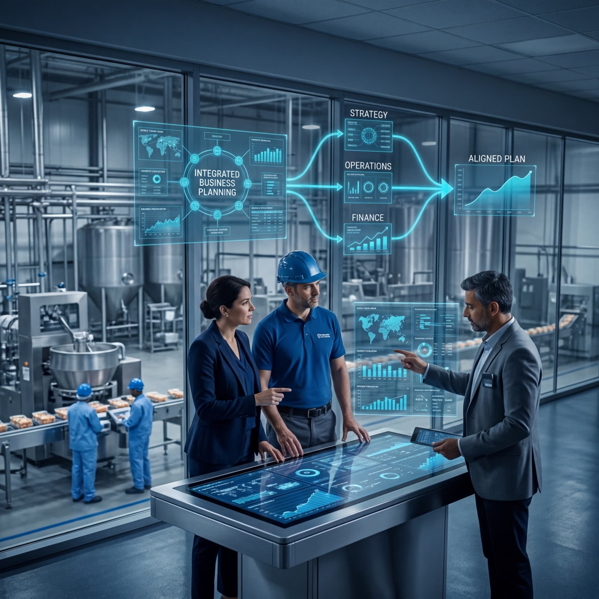 Three cross-functional leaders collaborating on integrated business planning at digital table in food plant