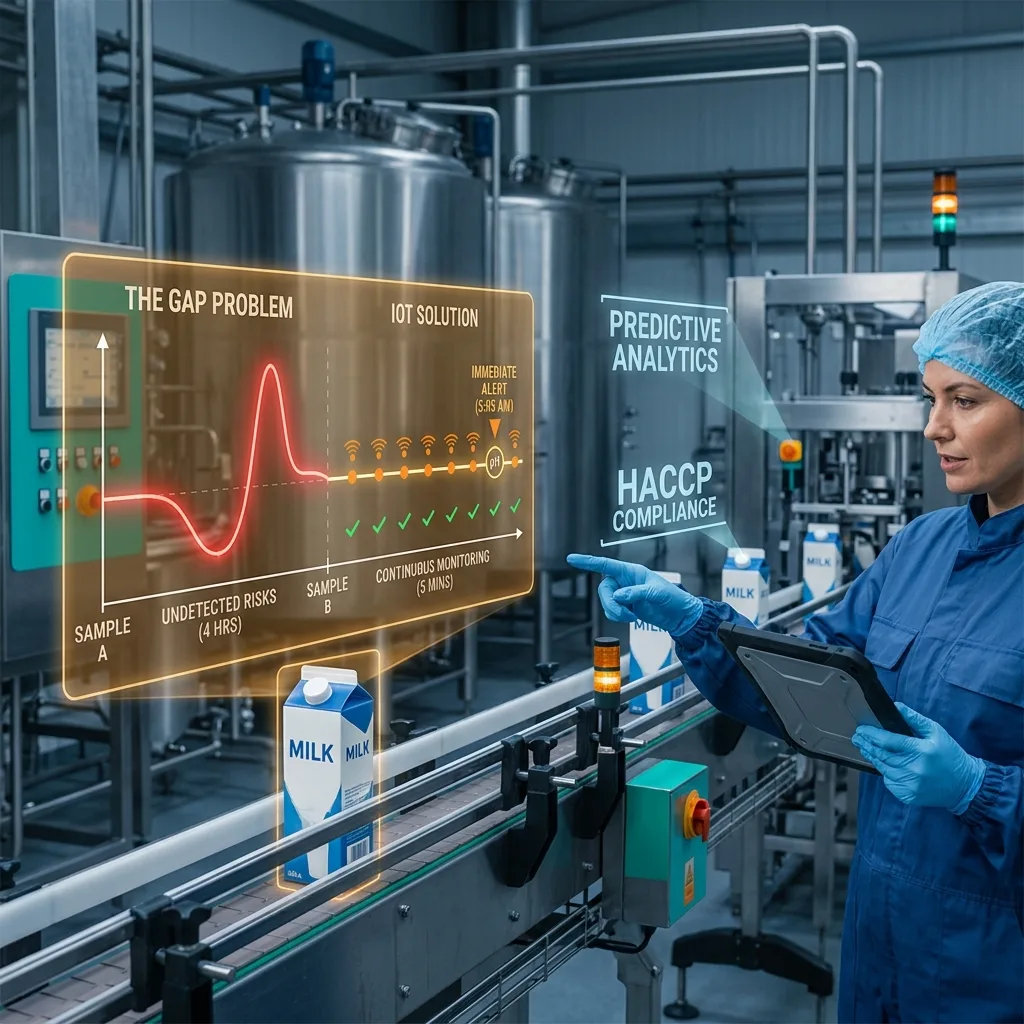 Quality manager using a tablet on a food production line with holographic displays showing real-time temperature alerts, predictive analytics dashboards, and HACCP compliance data