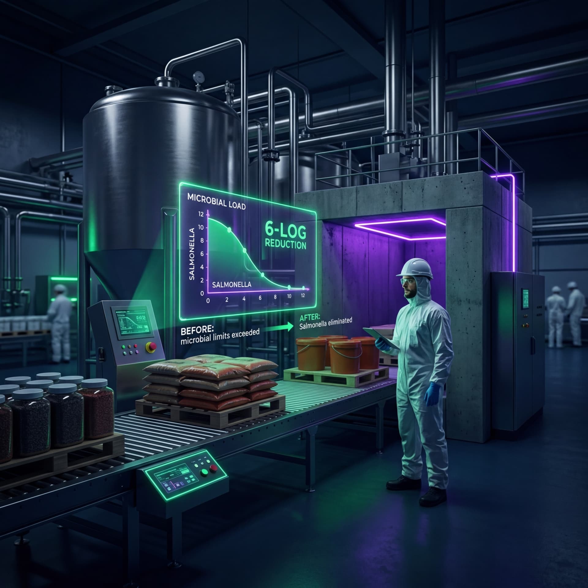 Operator in protective suit reviewing microbial load reduction data on a display beside an irradiation processing line with spice products and purple-lit sterilization chamber