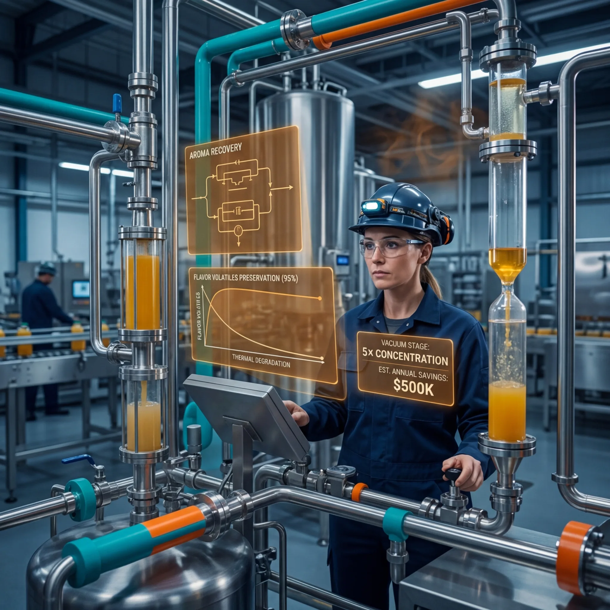 Juice processing engineer monitoring vacuum evaporation and aroma recovery equipment with concentration ratio and shipping savings displays
