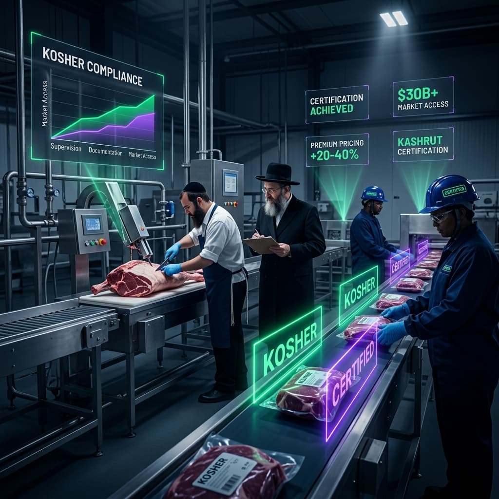 Kosher meat processing facility with rabbinical inspectors overseeing a production line, holographic certification status displays, and kosher compliance indicators