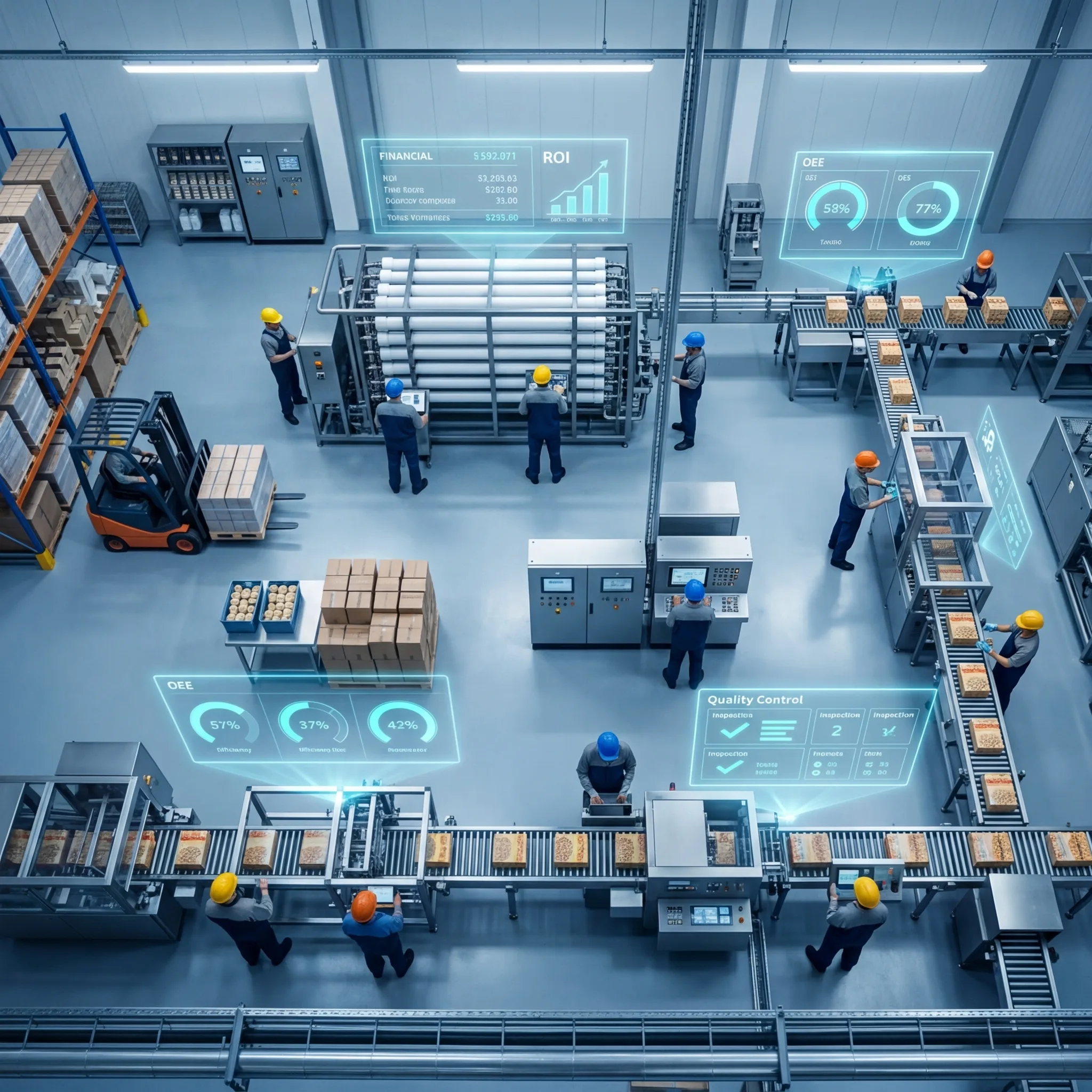 Overhead view of a food manufacturing facility with workers, conveyor lines, and digital productivity and quality metrics