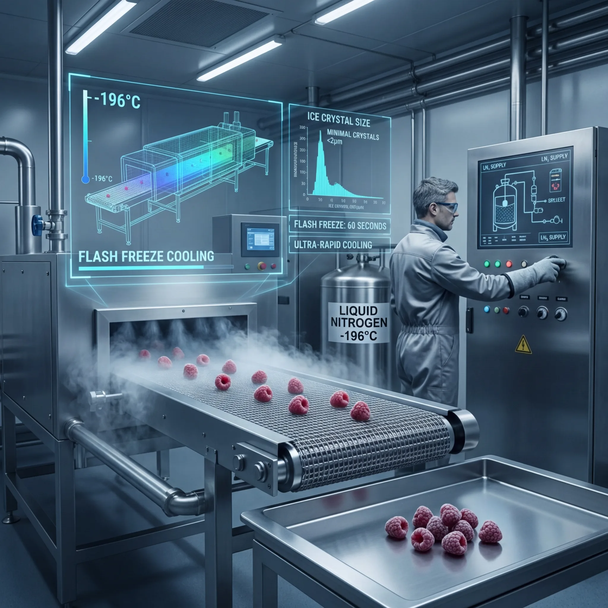 Operator controlling a liquid nitrogen cryogenic freezing tunnel with berries on a conveyor belt surrounded by vapor and digital displays showing flash freeze temperature and ice crystal size data