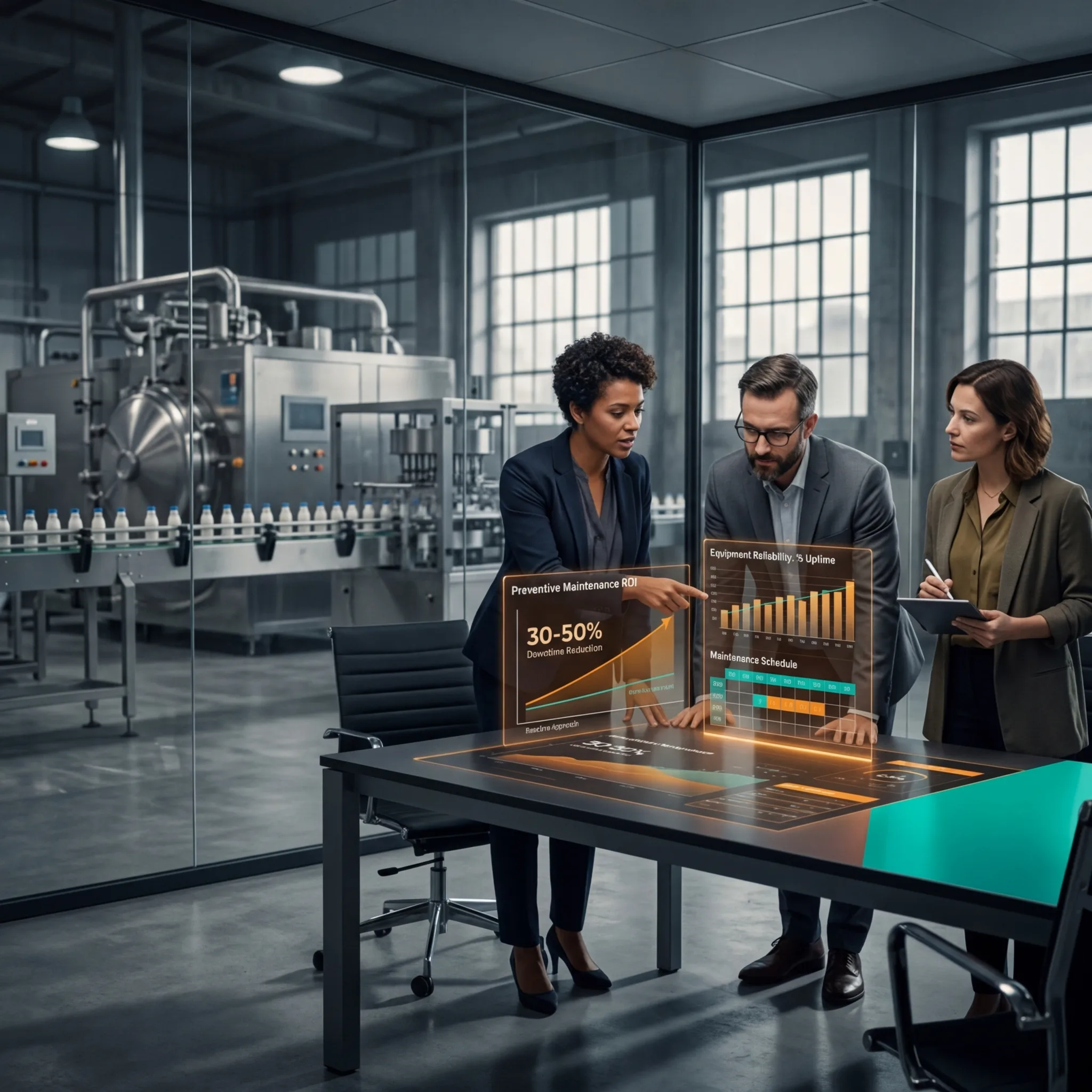 Team reviewing preventive maintenance analytics and equipment reliability dashboards in a food manufacturing facility