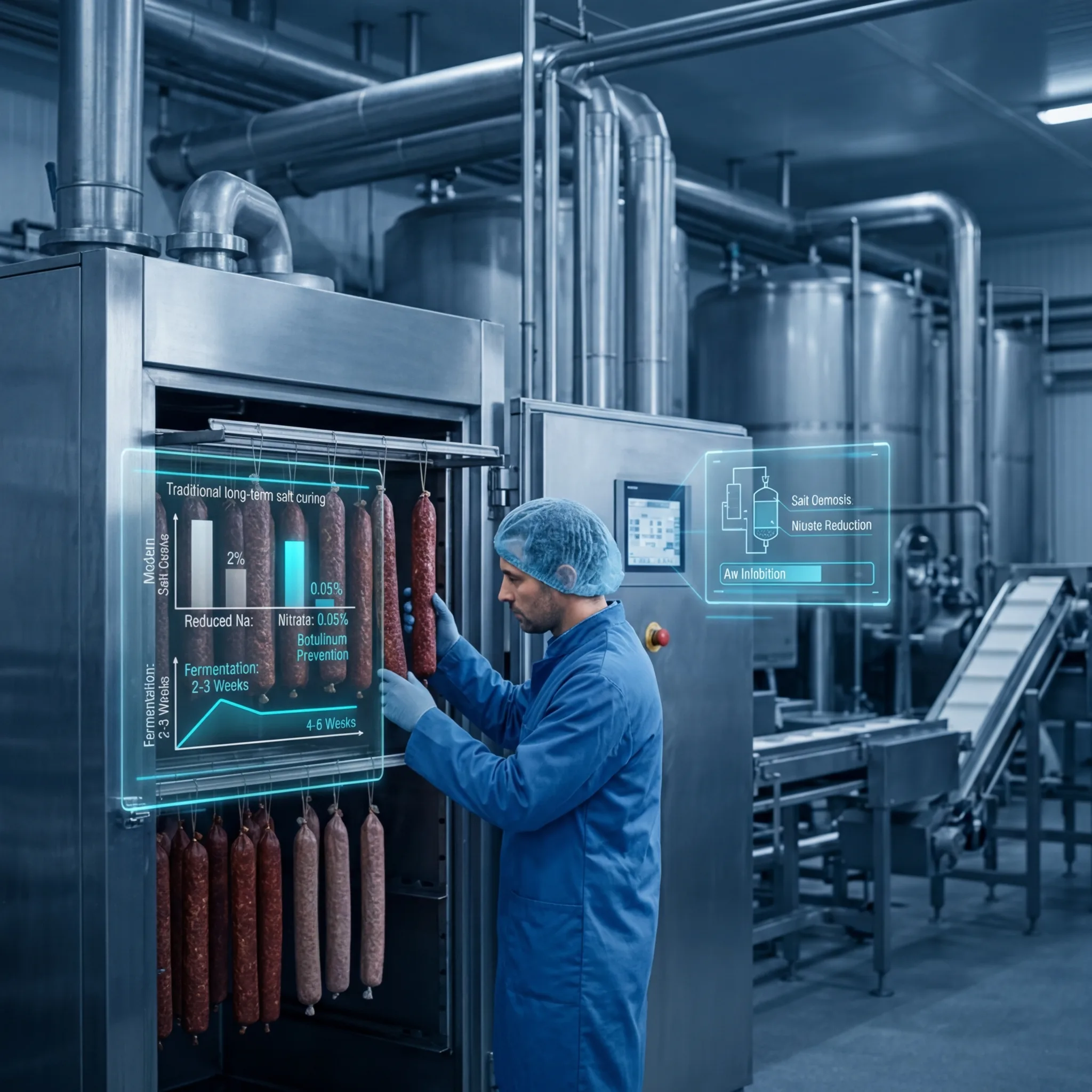Meat processing technician inspecting cured sausages in a fermentation chamber with digital overlays showing salt osmosis, nitrate reduction, and water activity data