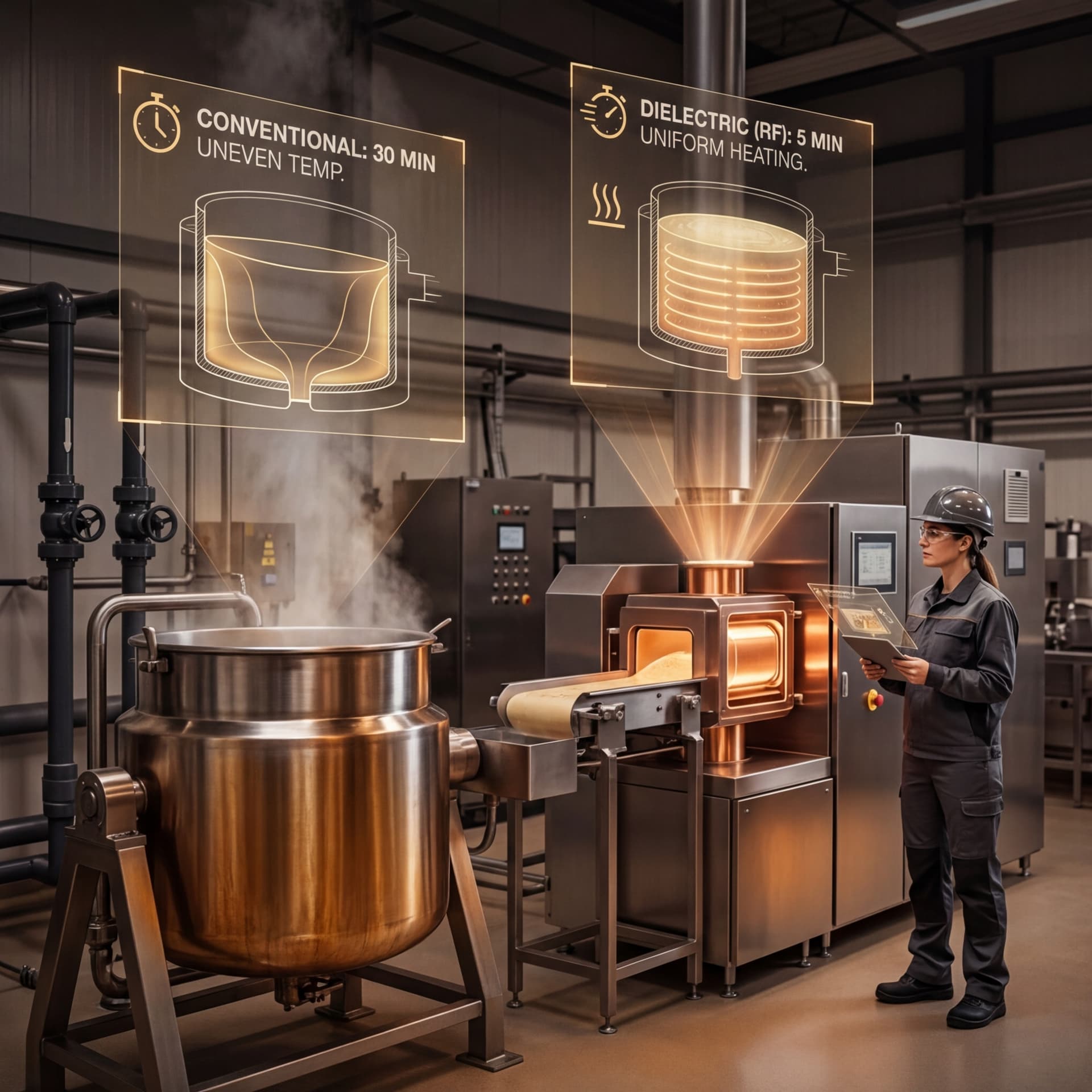 Operator with tablet comparing conventional steam kettle and dielectric RF heating system with digital overlays showing 30-minute vs 5-minute processing times in a food plant
