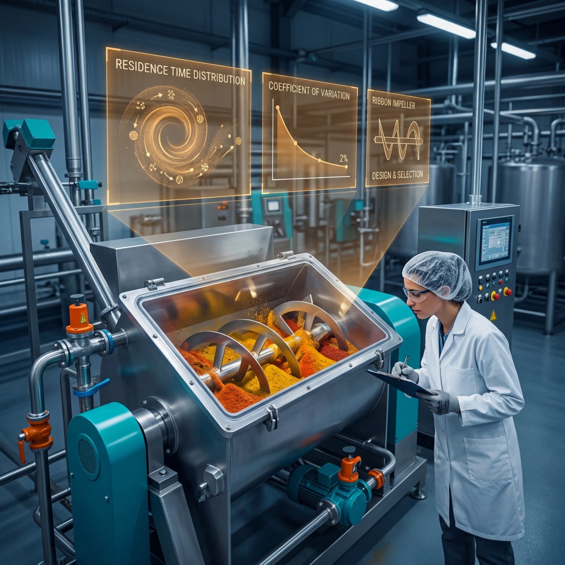 Process engineer inspecting an open ribbon mixer blending colorful spice powders in a food manufacturing facility with holographic displays showing residence time distribution and coefficient of variation data