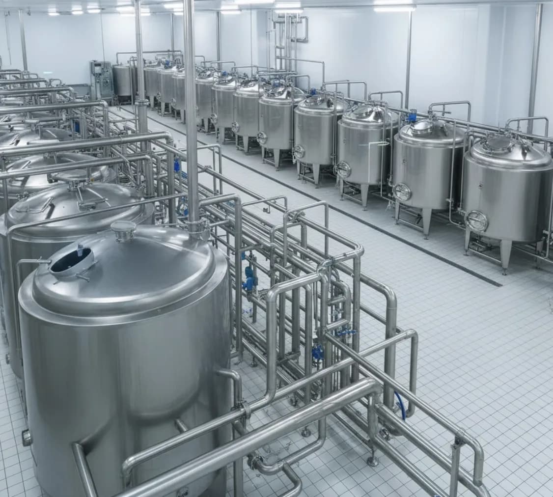 Industrial dairy processing facility with stainless steel tanks and CIP piping systems