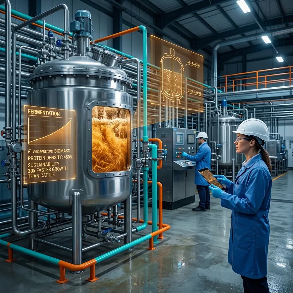 Engineers monitoring a large stainless steel bioreactor with digital overlays showing fungal mycelium growth and sustainability metrics in an industrial fermentation facility