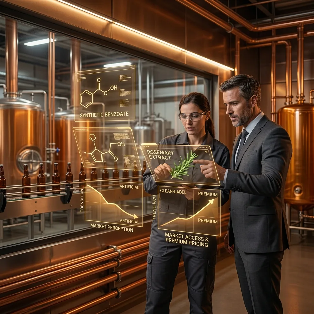 Two professionals examining a holographic display of rosemary extract molecular data and clean-label market analytics in a food processing facility with copper tanks