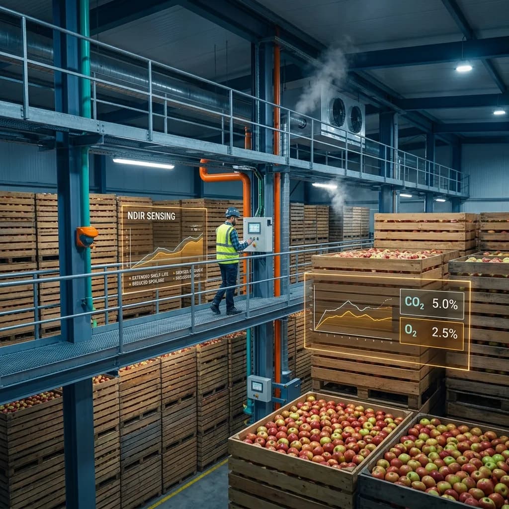 Large controlled atmosphere apple storage warehouse with NDIR gas sensing equipment, wooden crates of apples, and holographic CO2 and O2 monitoring displays