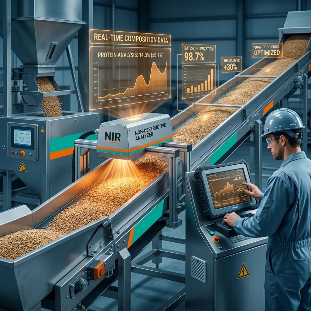 Technician monitoring an inline NIR spectroscopy system analyzing grain on a conveyor belt with real-time composition data and protein analysis displays