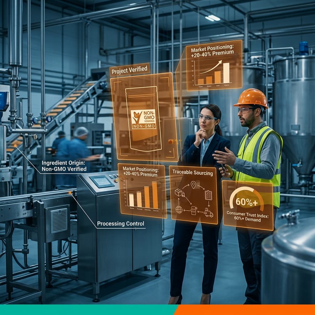 Two food manufacturing professionals reviewing Non-GMO Project Verified certification data on holographic displays showing ingredient testing and market positioning metrics