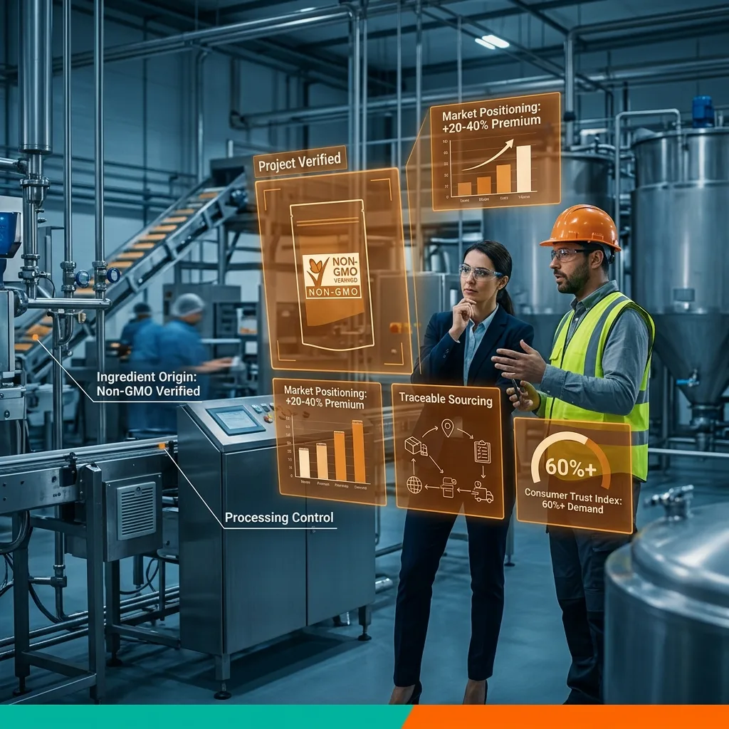 Two food manufacturing professionals reviewing Non-GMO Project Verified certification data on holographic displays showing ingredient testing and market positioning metrics