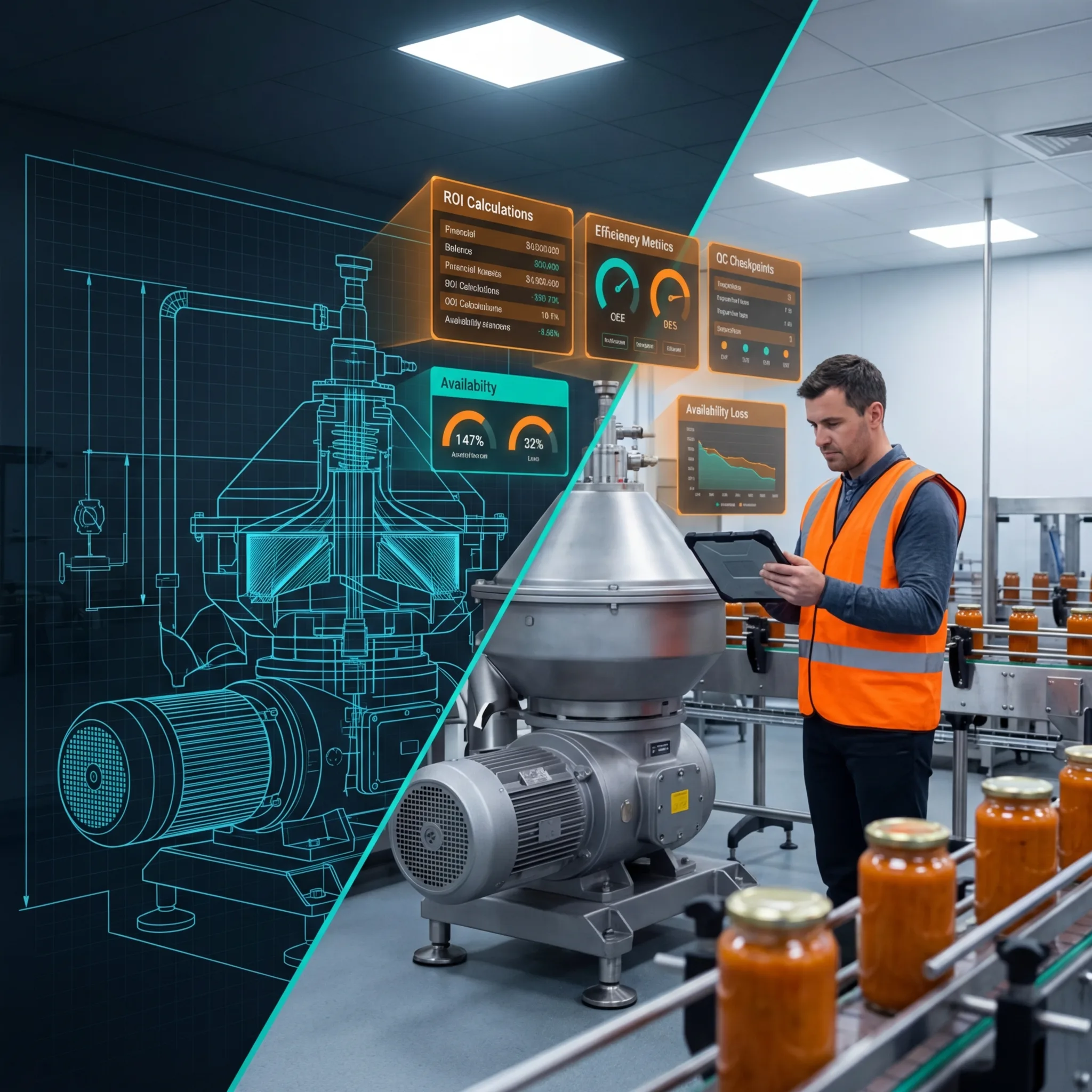 Split view of equipment blueprint analysis and engineer monitoring OEE metrics on a bottling production line